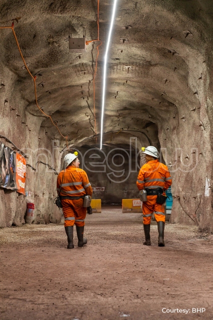 Miners entering a mine with the MineGlow LED Strip lighting installed providing shadowless, daylight conditions.