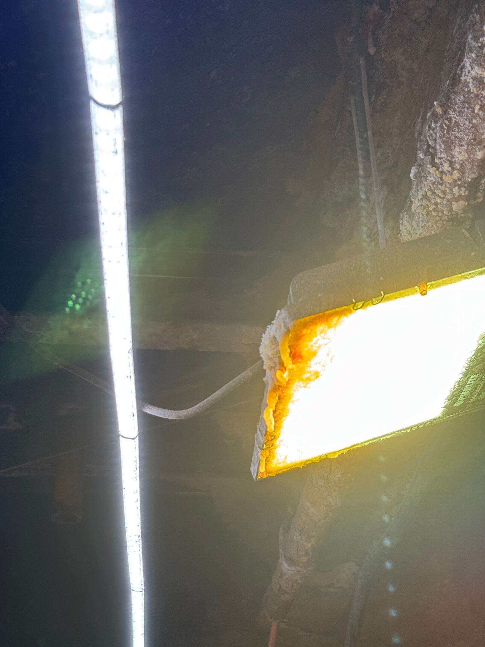 MineGlow Strip Lighting performance vs. a Conventional Flood Light after 6 months. THE LED Strip light repels dirt and salt, whereas the flood light attracts it.