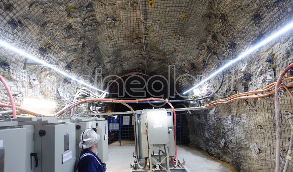 Mineglow LED strip lighting illuminates underground mine substation