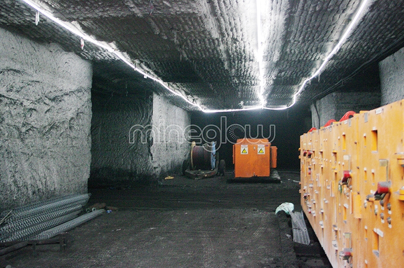 Mineglow LED strip lighting used to light up underground mine crosscut