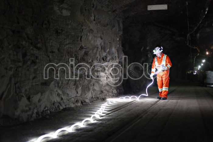 Mineglow LED strip lighting laid out in underground mine for installation
