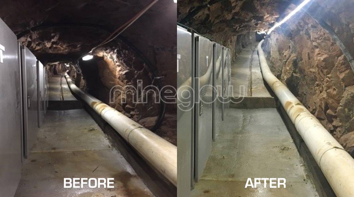 before and after of Mineglow LED strip lighting installation in underground tunnel