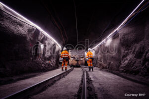BHP Miners inspecting the underground train