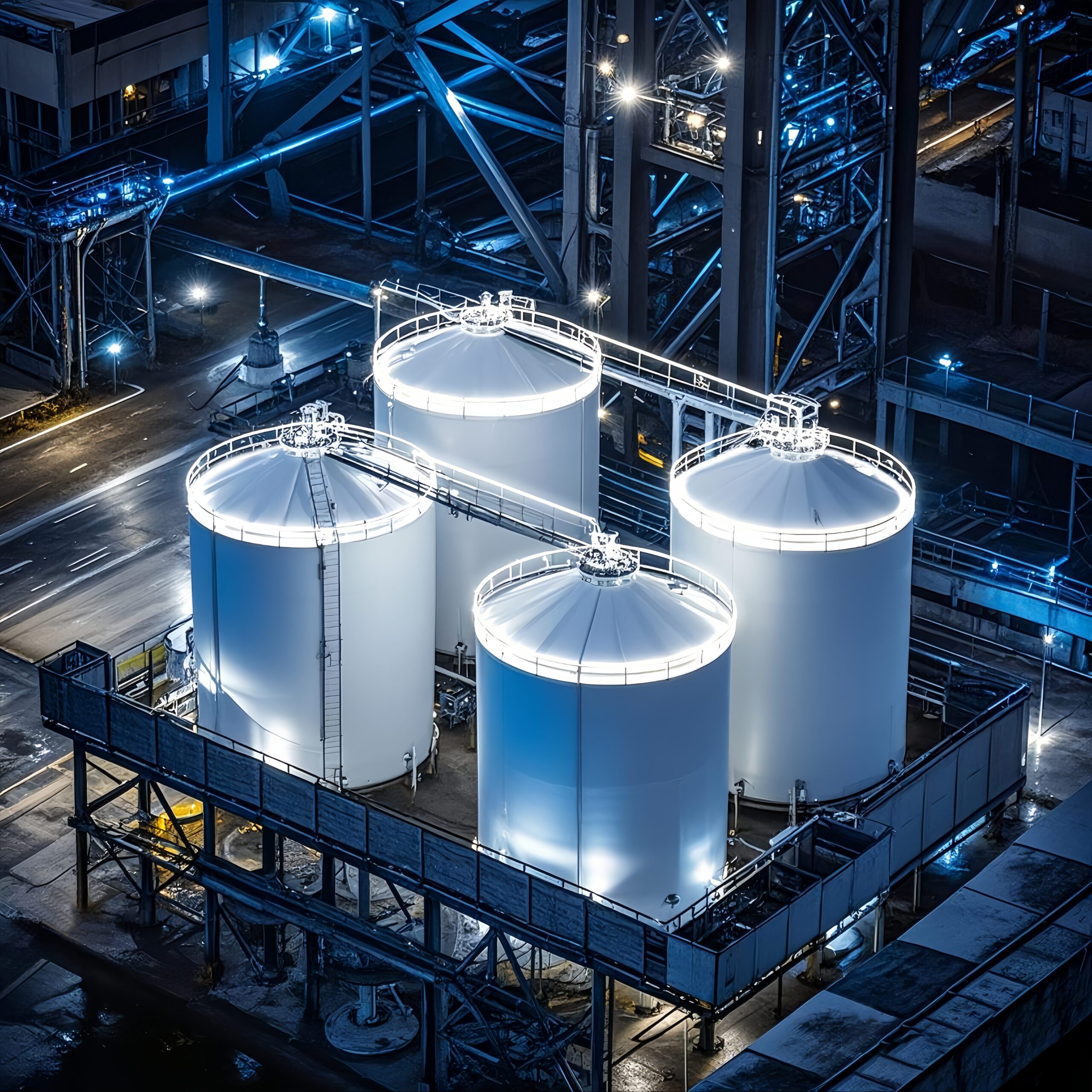 SafeGlo explosion proof lighting illuminating the top of fuel storage tanks for improved safety and pathway visibility